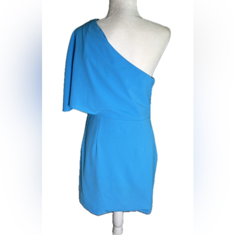 DO+BE Bright Blue One-Shoulder Draped Wrap Mini Cocktail Dress L Large - Picture 5 of 13